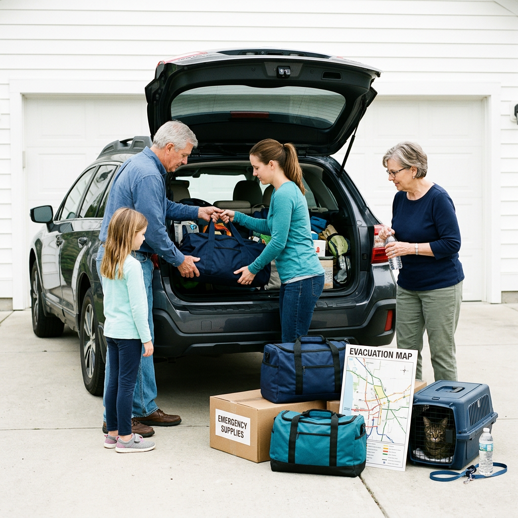 Family go-bags and a pet carrier ready beside a car for evacuation