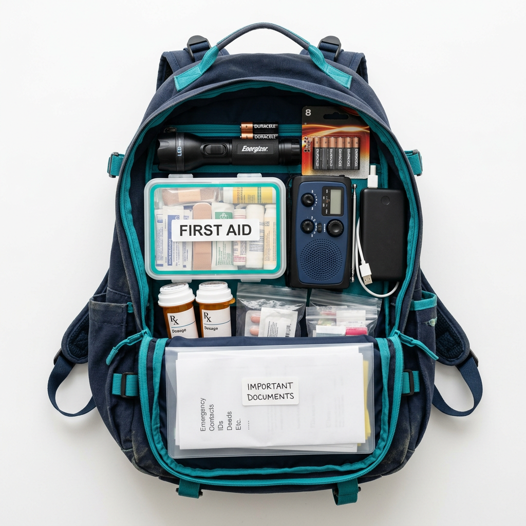 Flashlight, batteries, radio, first aid, medicines, and documents in a go-bag