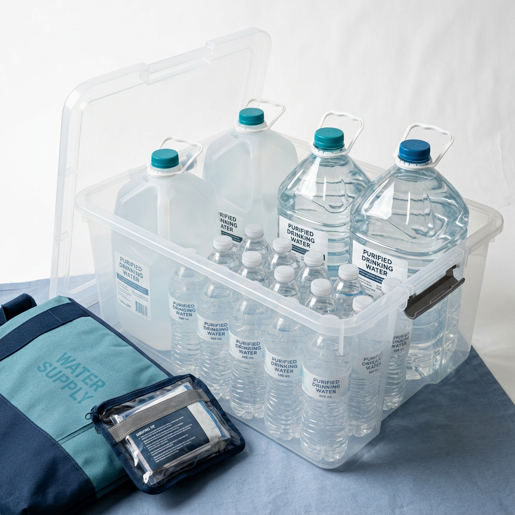 Drinking water and water jugs packed in an emergency bin